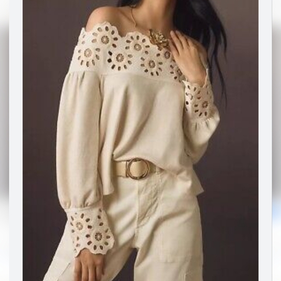 Anthropologie, New, Maeve Eyelet Off Shoulder Babydoll Knit Blouse Size Large - Picture 1 of 12